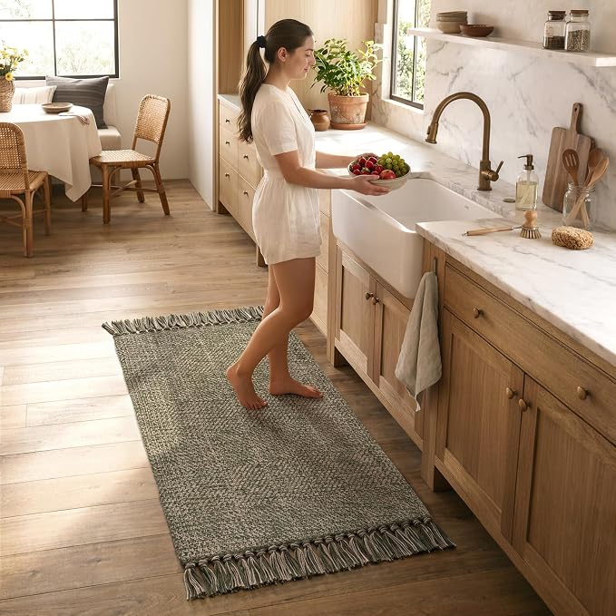 Boho Moss Green Kitchen Runner Rug, 2' x 4.3' Washable Bathroom Rug | Modern Farmhouse Braided Bathroom Mat, Boho Washable Front Door Mats Reversible Entry Carpet for Laundry Bedroom Porch Decor