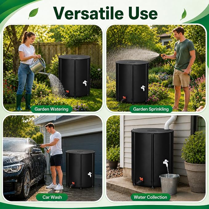 132 Gallon Collapsible Rain Barrel, Portable Rainwater Collection System, Water Storage Tank, Rain Catcher Barrel with Two Spigots and Overflow Kit, Rain Water Barrel Collector for Garden, Black