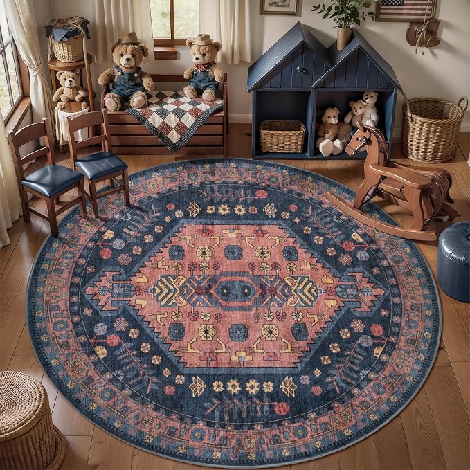 Ciicool 6ft Round Area Rug for Bedroom,Washable Large Circle for Kitchen | Vintage Non-Slip Low-Pile Oriental Indoor Mat Soft Boho Navy Entry Carpet for Entryway Bedside Living Room Dining Room