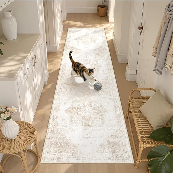 Runner Rug 2x8 Washable Rug, Vintage Boho Medallion Hallway Runner Non-Slip Soft Low Pile Distressed Floor Carpet Retro Doormat for Kitchen Bedroom Laundry Entryway Bathroom (Beige, 2'x8')