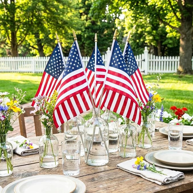TOPFLAGS 12x18 Small American Flag on Stick 6 Pack Mini US Flags 12x18 Inch Metal Handheld Pole for Outside 4th of July Memorial Day USA 250th Anniversary Patriotic Decorations