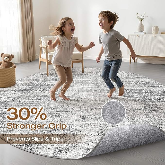 LOONGRUG Round Rug 6x6 Washable Neutral Modern Rug for Living Room Grey | Circle Abstract Soft Stain Resistant Indoor Non-Slip Carpet for Bedroom Nursery Kids Office Playroom