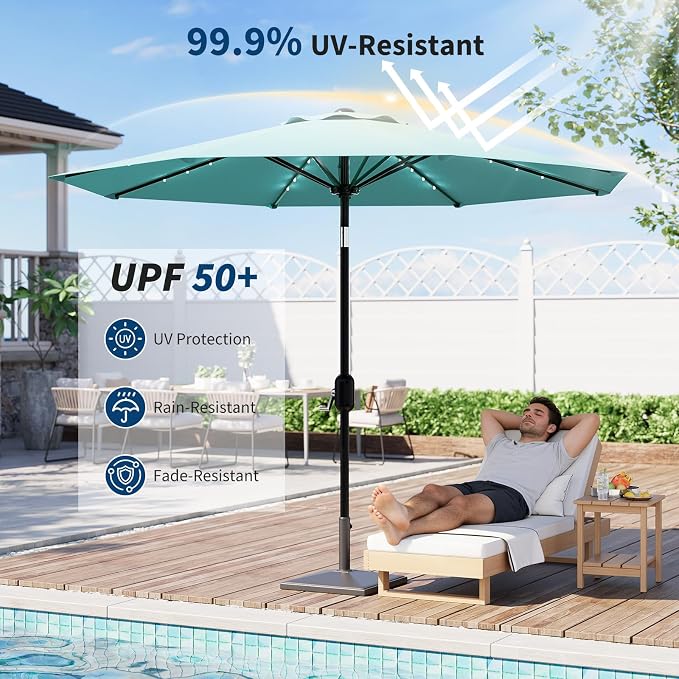 GarveeLife Patio Umbrella with Solar Lights, Outdoor Table Umbrella with 8 Durable Ribs, Tilt & Crank Mechanism, Water & UV Protection Sun Shade Umbrella for Garden, Poolside, Backyard (Yellow, 9 FT)