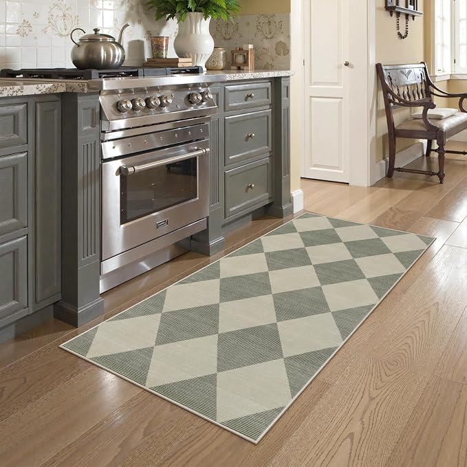 Beeiva Checkered Rug Runners for Hallways Non Slip, 2x4 Washable Runner Rug for Kitchen Ultra Thin Green Entryway Runner, Gingham Diamond Decor Farmhouse Throw Carpet for Bathroom Laundry