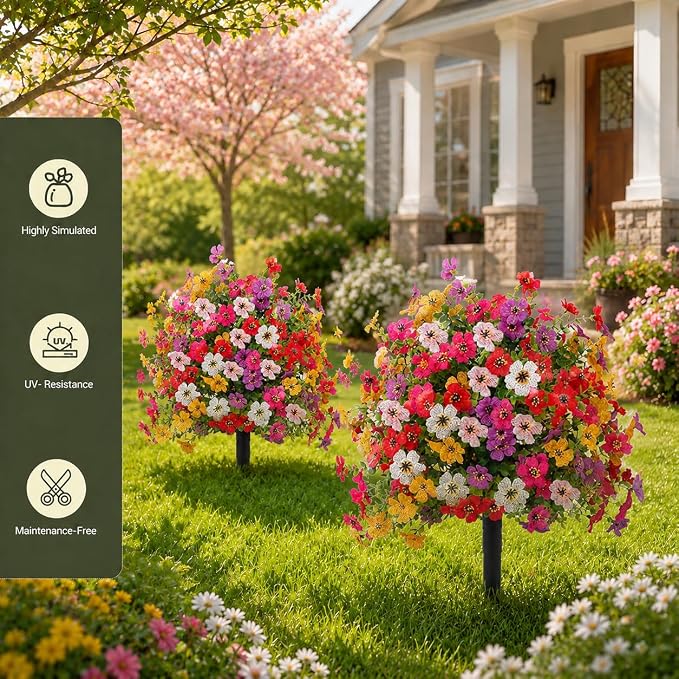 THKFUL Artificial c Trees Flower Ball Outdoor Set of 2, D15.8 UV Resistant Faux Boxwood Plants Flower Ball with Stake,Realistic Faux Shrubs Planter Filler for Front Cemetery Porch Garden