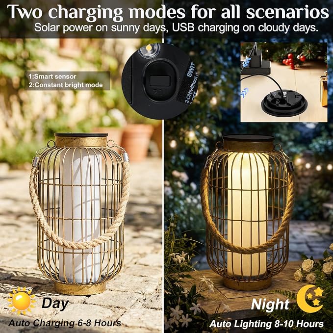 Large Solar Lanterns Outdoor Waterproof, Solar Lantern Metal Dual Charging (Usb/Solar), Two Brightness Modes Decorative Solar Lights For Yard Patio Garden Front Porch Indoor Or Tabletop Decor (Copper)