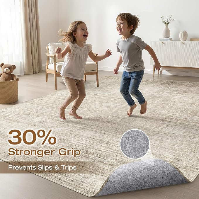 LOONGRUG 10x12 Area Rug Washable Neutral Modern Rug for Living Room Beige | Large Abstract Soft Stain Resistant Indoor Non-Slip Carpet for Bedroom Nursery Kids Office Dining Room