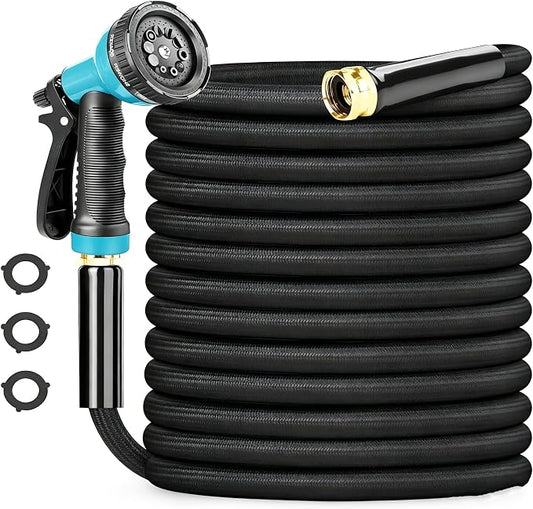 Garden Hose 100FT Non-Expanding, Lightweight Hose With 10-Function Nozzle, Leak-Proof No-Knot Easy to Carry Sturdy Flexible Water Hose for Yard Garden Outdoor（Light Black）