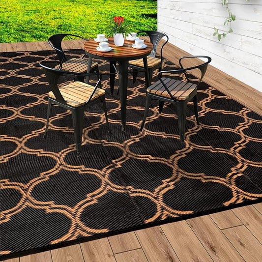Alfolo 9x12 Outdoor Rug for Patio & RV Camping - Waterproof Plastic Straw Mat with Corner Loops & Carry Bag - Reversible, UV Fade-Resistant & Easy to Clean (Black/Brown)