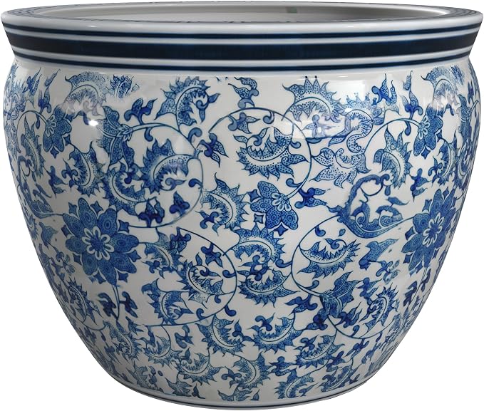 Red Lantern 12" Floral Blue & White Porcelain Fishbowl Planter or Cachepot for Indoor/Outdoor Use in Garden Entryway Living Room Boho Eclectic Modern Contemporary Classic Traditional Style Decor