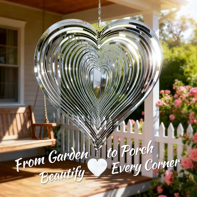 Wind Spinner 12-Inch Outdoor Decoration Gift for Mom | Hanging Yard Art, Garden Decoration for Outdoor and Indoor, Gift for Grandma and Women, 3D Heart, Stainless Steel, 2 Pack