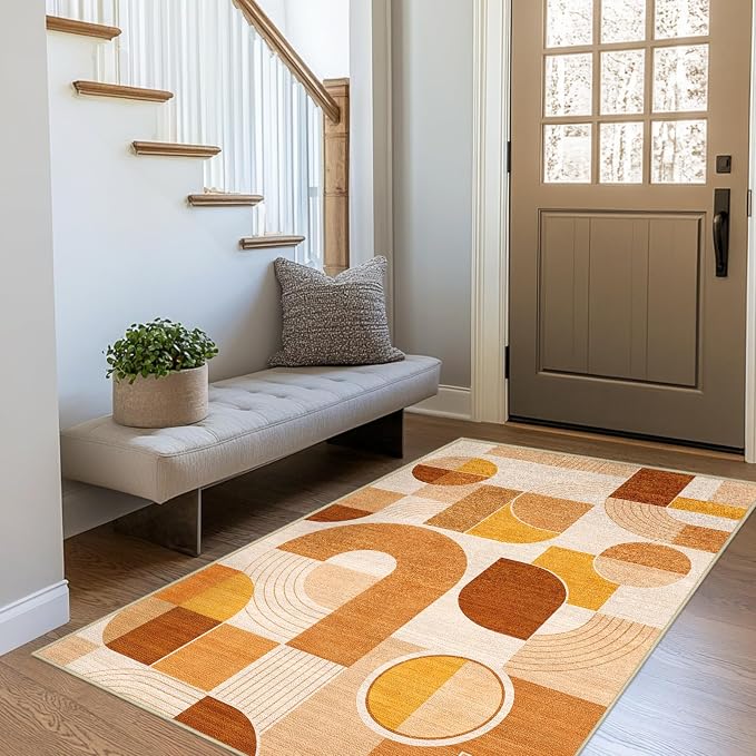 3x5 Geometric Area Rug for Bedroom Orange Mid Century Modern Rug | Washable Orange Abstract Rugs Low Pile Non-Slip Floor Carpet for Kitchen Living Room Dining Room Bedroom Entry