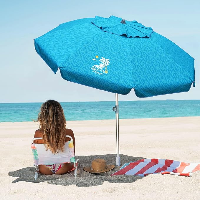 AMMSUN 7ft Heavy Duty High Wind Beach Umbrella with Sand Anchor & Tilt Sun Shelter UPF 50+ Protection Outdoor Sunshade Umbrellas Carry Bag for Patio Garden Pool Backyard Teal