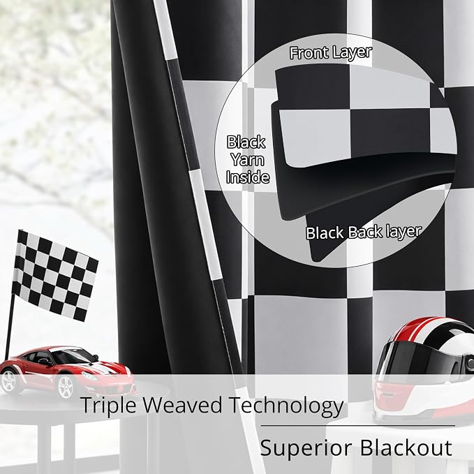 Rod Pocket & Back Tab Checkered Curtains, 100% Blackout, Race car Flag Checkerboard Curtains, Thermal Insulated, Noise Reducing, 2 Panels, Each W42×L54