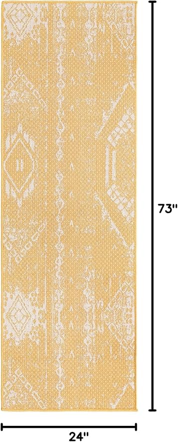 Unique Loom Outdoor Bohemian Collection Area Rug - Anthro (2' x 6' 1" Runner, Yellow/ Ivory)
