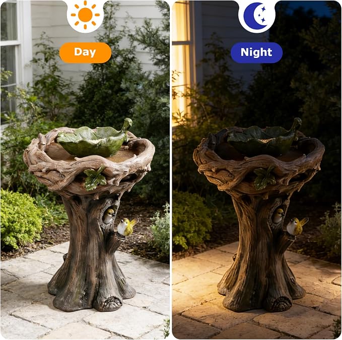 29.53" Tall Water Fountain Outdoor with Birds, Bird Bath Fountain with Removable Feeding Bowl Tree Trunk Design Resin Freestanding Water Fountains for Outside, Garden, Patio, Lawn, Yard