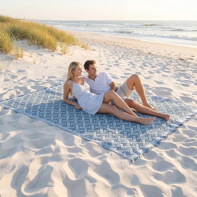 70x70 Bohemian Picnic Mat Extra Large, Sand Proof Outdoor Camping Blanket Machine Washable, Lightweight Portable Travel Tarp for 5-7 Adults Beach Park Grass (Green-T-Grid)