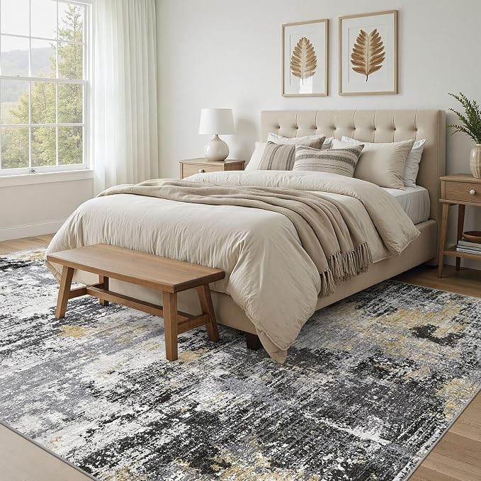 UERMEI 10x12 Area Rug for Living Room - Washable Neutral Modern Abstract Carpet, Non-Slip Soft Large Indoor Floor Rugs for Bedroom Home Office & Under Dining Table Decor, Black/White/Gold