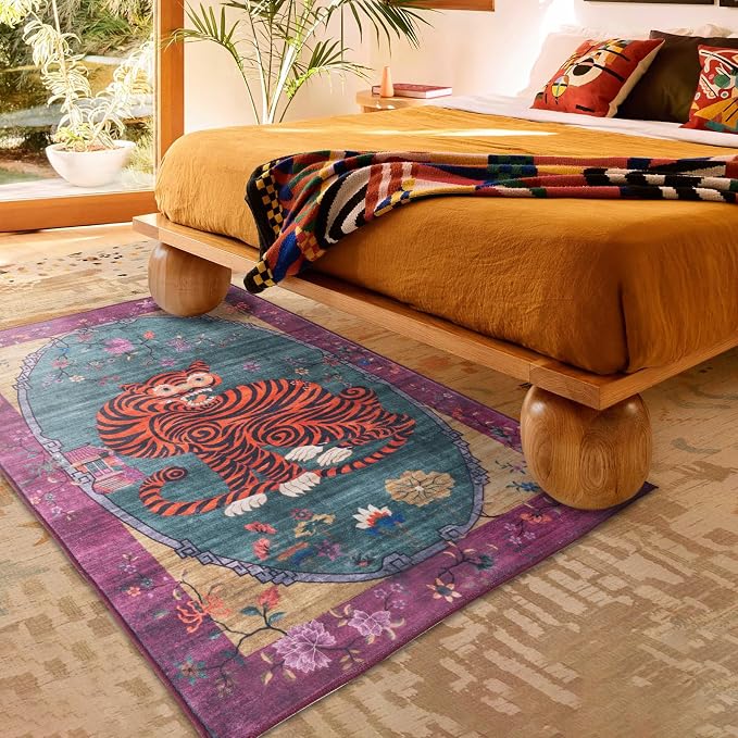 Tiger Rug Washable 3x5 ft Oriental Traditional Animal Print Vintage Fuchsia Floral Tibetan Rugs for Bedroom Kitchen Living Room Indoor Entryway
