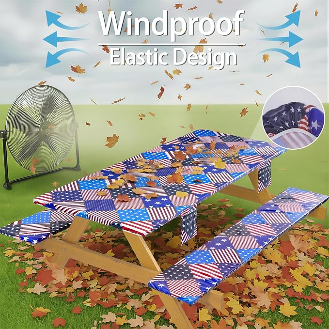 Fitted Waterproof Picnic Table Cover with Bench Covers Elastic 72×30Inch Weather Proof Non Slip Camping Table Clothes for 6Feet Rectangle Tables Campers Summer Fall Travel Hiking Tools Gifts