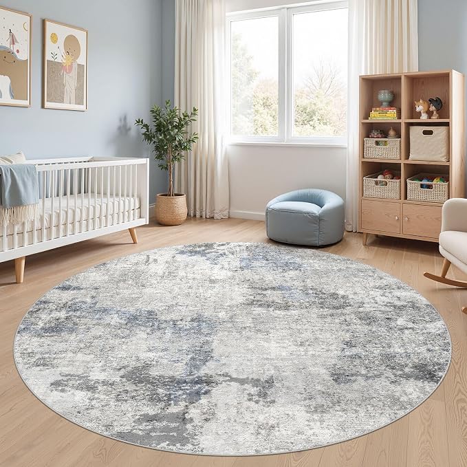 DMOYEST 8ft Round Area Rug for Living Room Washable Non Slip Circle Rug | 8x8 Neutral Modern Abstract Low Pile Rugs Kid & Pet Friendly Soft Carpet for Bedroom Dining Room - Grey Blue
