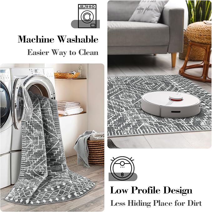 Wonnitar Moroccan Hallway Runner Rug 10 ft, Machine Washable 2'6"x10' Long Runner Rugs for Kitchen, Boho Non-Skid Soft Low Pile Carpet Runner for Entryway Hall Entrance (Dark Grey,2'6"x10')