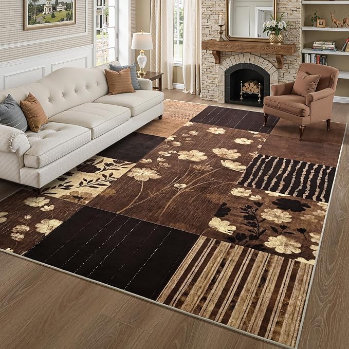 DweIke Floral Rugs for Living Room, 5x7 Washable Area Rug for Dining Room Farmhouse Office Bedroom Decor, Geometric Patchwork Stain Resistant Low Pile Indoor Floor Throw Rugs, Dark Brown