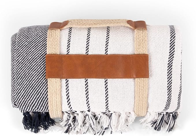 Picnic TIME Montecito Picnic Blanket with Harness, Large 60" x 70" Outdoor Blanket, Woven Cotton Top with Water-Resistant Poly Duck Backing, Sandproof Beach Mat for Camping & Travel (White & Blue)
