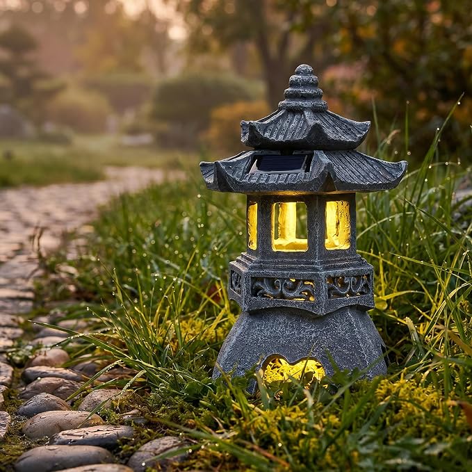 Solar Zen Garden Statue, Pagoda Lantern with 3 Solar Panels, Outdoor Decor for Landscape Patio, Balcony and Yard, Gift for Women Mom and Gramma