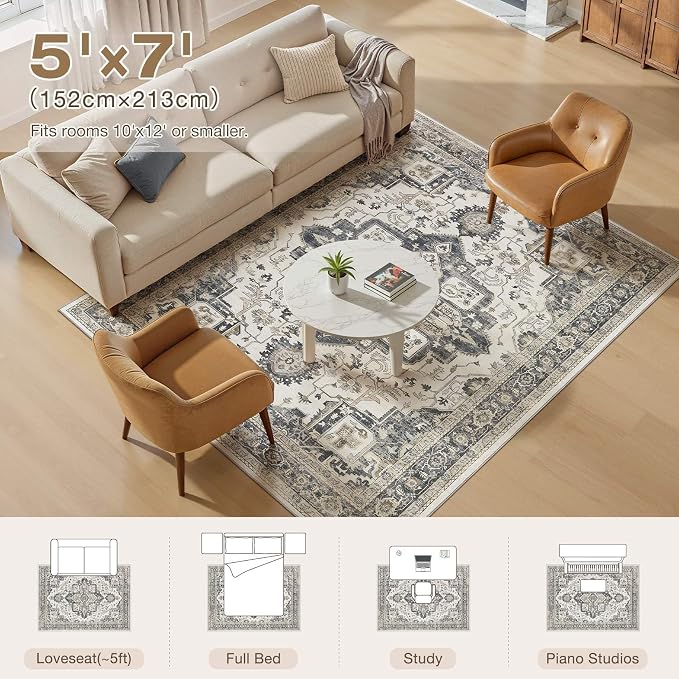 Vintage Washable 5x7 Area Rug for Living Room, Heathered Grey | Soft Low Pile Rug with Non-Slip Backing, Stain Resistant for Bedroom or Dining Room, Kid & Pet Friendly