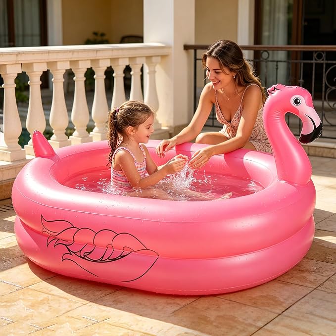Kiddie Pool, Inflatable Pool, Flamingo Swimming Pool with Inflatable Soft Floor for Outdoor, Indoor, Backyard (60 in)