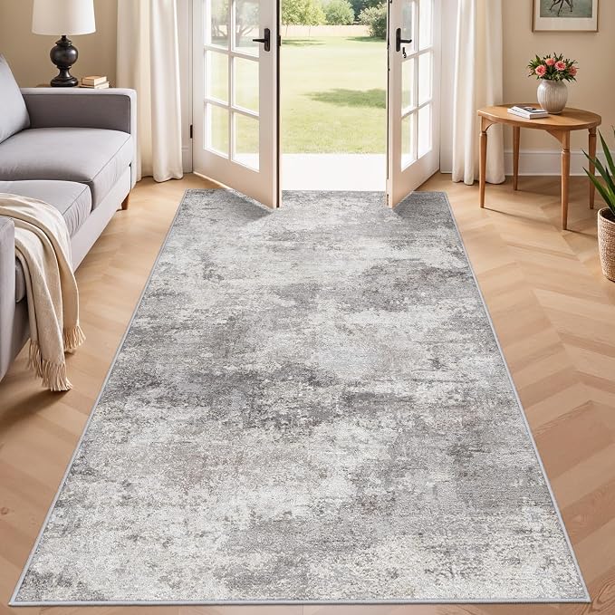 Modern Abstract Wide Hallway Runner:4x8 Grey Rug | Living Room, Bedroom ,Laundry Room - Washable Non-Slip Soft Thin Carpet - Easy-to-Clean Low Pile Floor Mat for Home Decor
