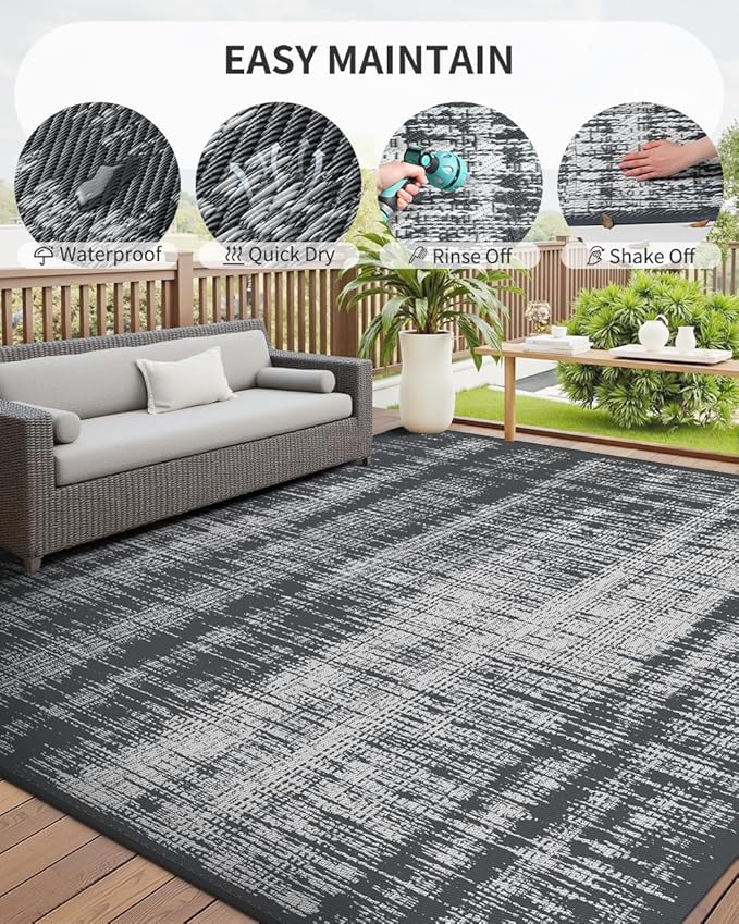 MontVoo Outdoor Rug Waterproof 8x10 ft Outdoor Carpet Patio Rug Mat Reversible RV Camping Rug Plastic Straw Outside Rug for Balcony Porch Deck Picnic Beach Modern Grey