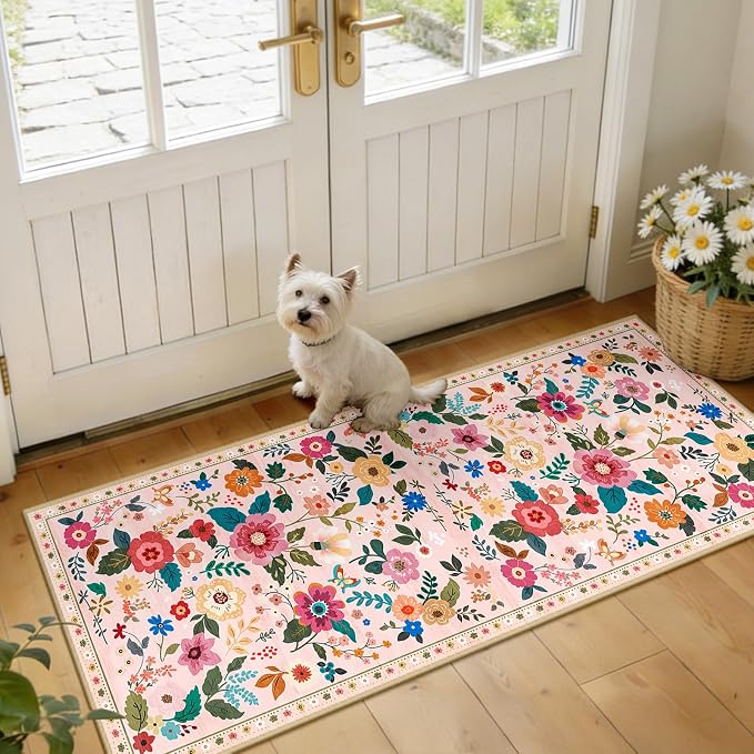 Floral Washable 2x5 Area Rugs Runner Entryway Hallway Pink | Flower Carpet, Print, Boho, Non-Slip, Easy to Clean, Low Pile, Soft, for Living Room Bedroom Kitchen Office Entrance