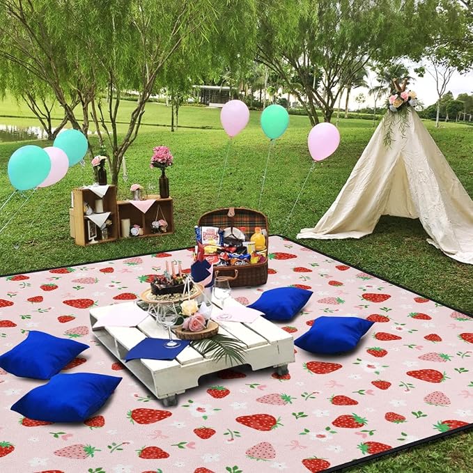 Strawberry Bow Picnic Blankets Waterproof Foldable, 60’‘x80'' Portable Outdoor Picnic Mat Water Resistant for Grass, Padded Lawn & Park Blanket for Camping,Hiking