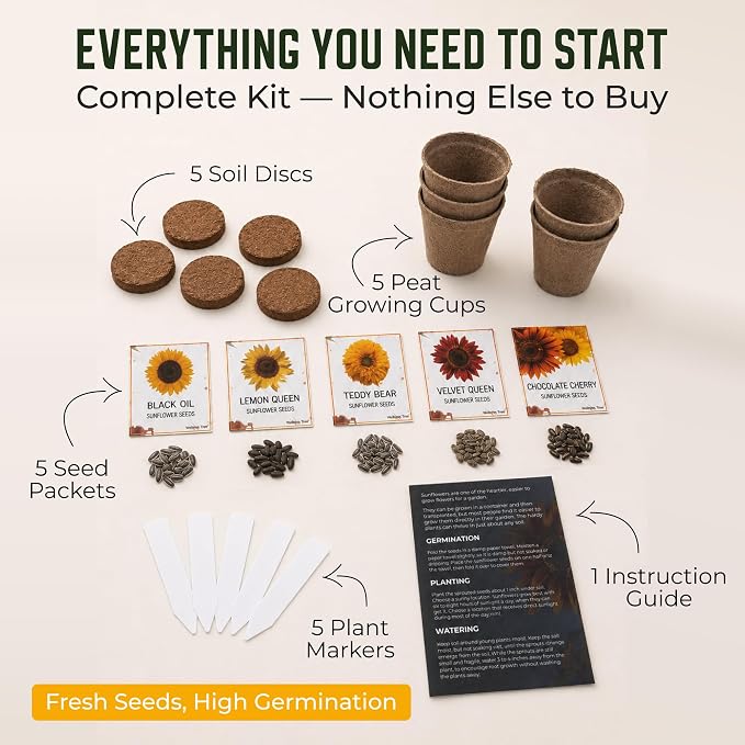 Sunflower Seed Growing Kit -All in One Sun Flower Garden Kit - A Complete Sunflower Gift - Beginner Starter Plants- Seed Variety Pack