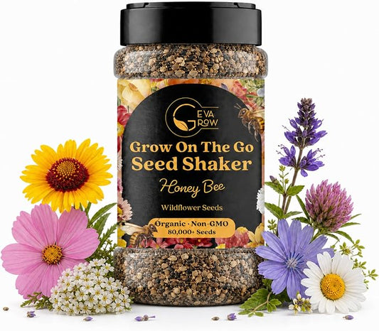 Mini Wildflower Seed Shaker – Honey Bee Wildflower Mix, by GevaGrow | Bulk 90,000+ Seeds | Pollinator Bee Attracting Flower Seeds for Planting in Pots & Outdoor Gardens | No Messy Packets