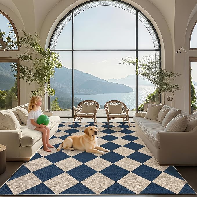 GarveeHome Checkered Easy Jute Area Rug 10x13 Machine Washable Non-Slip Stain Resistant Indoor Outdoor Rugs for Living Room, Bedroom, Kitchen, Dining, Patio Farmhouse Style Navy Blue
