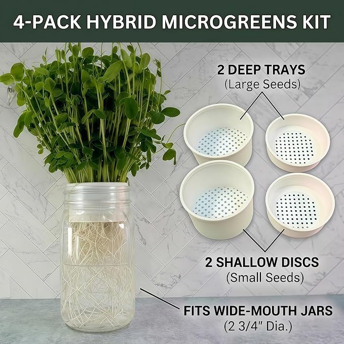Microgreens Growing Kit Compatible with Mason Jar, 4-Pack Deep & Shallow Hydroponic Sprouting Trays for Indoor Gardening, Easy Indoor Microgreens Grower for Kitchen Herb Gardening and Home Growing