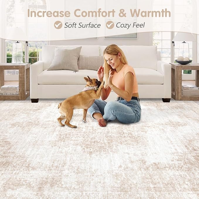 Area Rug 6x9 Vintage Rugs: Washable Living Room Rug Retro Medallion Distressed Large Rug Soft Low Pile Non-Slip Rugs Indoor Floor Carpet for Bedroom Kitchen Nursery Dining Table Office (Beige/Brown)