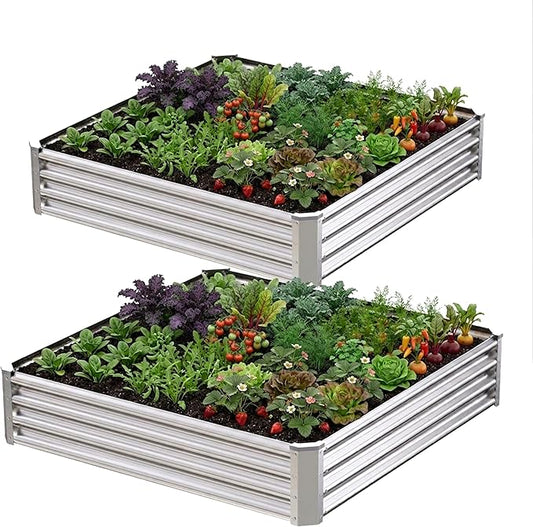 4x4x1ft-2PCS Raised Garden Bed Kit, Galvanized Planter Garden Boxes Outdoor, Metal Raised Garden Beds for Vegetables,Fruits, Flower,Silver