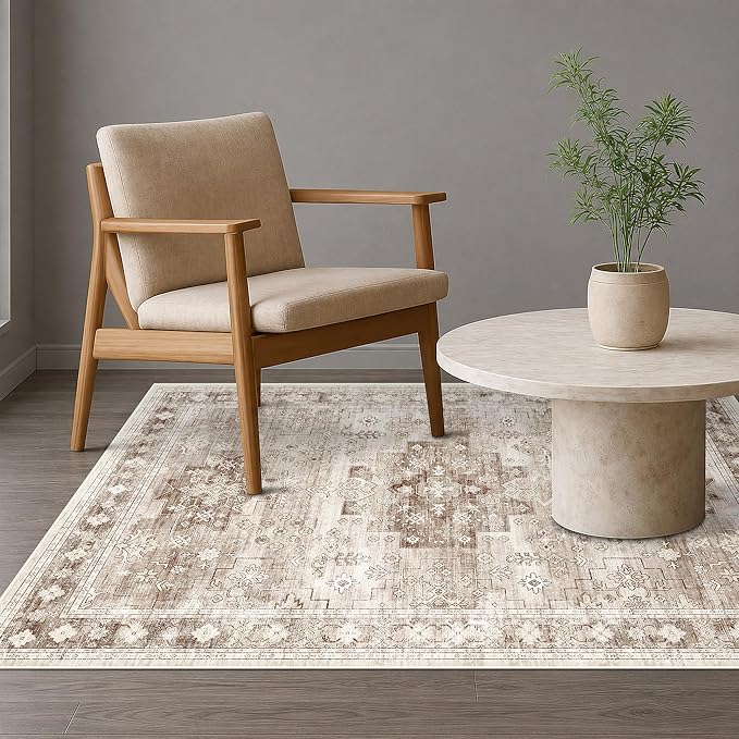 Washable Neutral Farmhouse Living Room Rug, 4x6 Area Rugs for Bedroom, Nursery Room, Boho Vintage Floral Non-Slip Rug Low Pile Stain Resistant (4x6 Beige/Latte)
