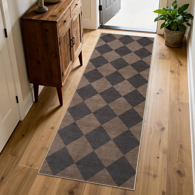 Beeiva Checkered Print Hallway Runner Rug 2x6, Moroccan Kitchen Runner Rugs Non Skid Washable 6ft Ultra Thin Stain Resistant Entryway Decor, Diamond Gingham Alfombra for Bathroom Laundry (Brown/Black)
