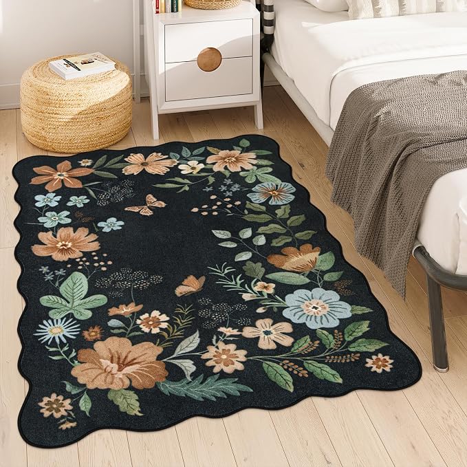 Lahome Floral Washable Rugs for Bedroom Entryway, 4X6 Living Room Rug | Ultra-Thin Non-Slip Soft Stain Resistant Boho Throw Carpet for Office Entryway Dining Room Flore (4x6ft, Black/Grey)