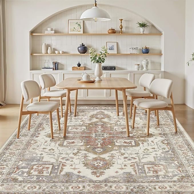 Vintage Washable 9x12 Area Rug for Living Room, Golden Taupe | Soft Low Pile Rug with Non-Slip Backing, Stain Resistant for Bedroom or Dining Room, Kid & Pet Friendly