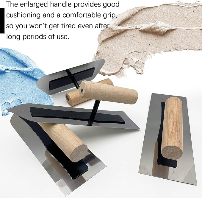 Plaster Finishing Trowel Set, 4 Pack Polished Stainless Steel Concrete Trowel with Wood Handle, 0.3mm Thickness Paint Plastering Hand Tool for Drywall Repairs and Spreading