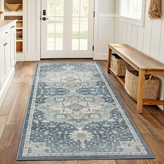 AMADA HOMEFURNISHING 2x5 Washable Runner Rug, Low-Profile Kitchen Rugs with Non-Slip Backing & Durable Edge Binding, Vintage Entryway Runner Rug for Bedroom & Hallway