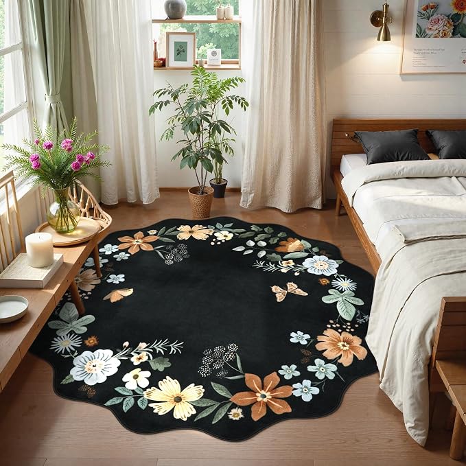 Lahome Floral Washable Round Rugs, Non-Slip Soft Round Rug 4ft Ultra-Thin | Small Boho Circle Carpet for Entryway Kitchen Bedroom Nursery Bathroom Flore Black/Grey