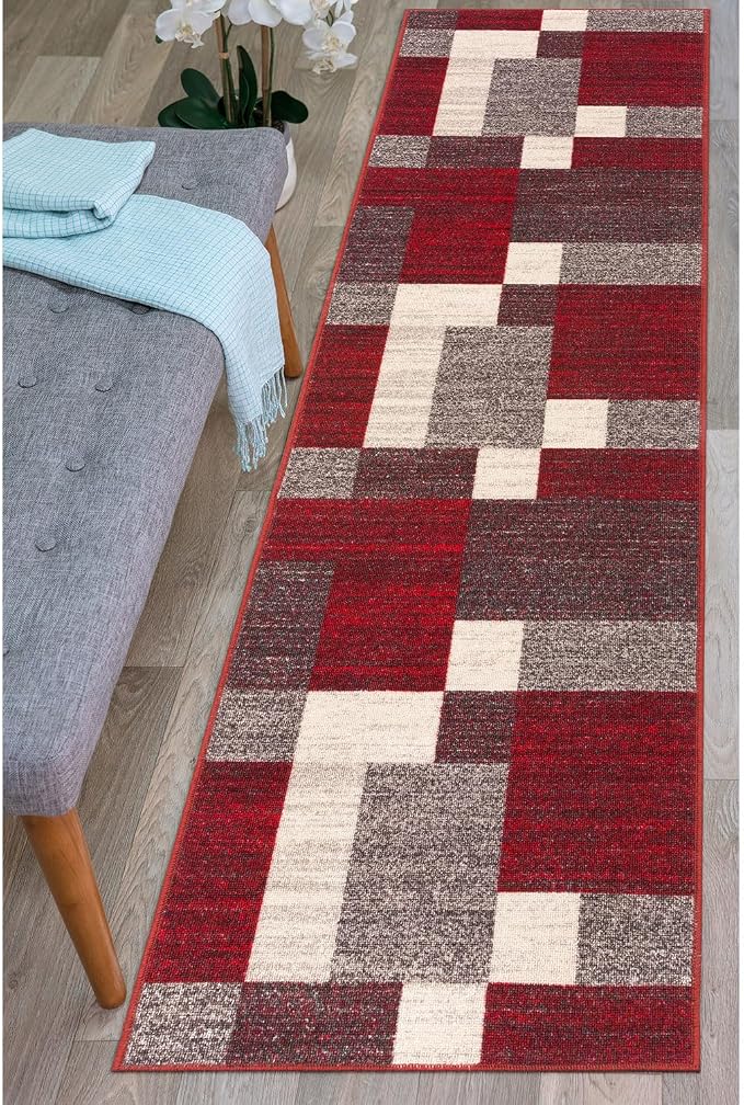 Rugshop Geometric Boxes Non-Slip Modern Living Room Area Rug Red 2' x 7'2" | Non-Shedding, Rectangular, Size 2' x 7'2", Bedroom, Dining Room, Home Office, Kitchen, Entryway, Hallway, Nursery, Kids Room