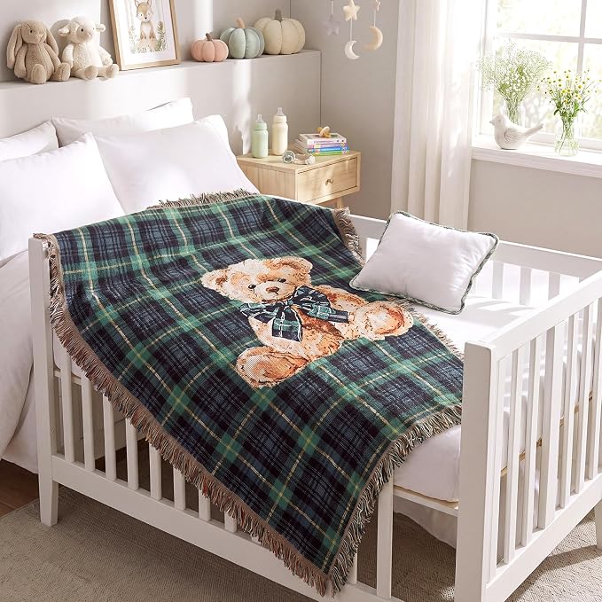 Moukeren 60 x 50 Inch Tartan Plaid Bear Baby Woven Tapestry Throw Blanket Green Blue Scottish Tartan Throw Blanket with for Office Bed Living Room Bedroom Sofa Chair Couch Crib